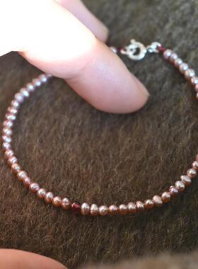 法式粉紫色极细天然仿珍珠手链女