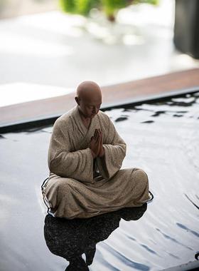 中式禅意手工紫砂人物小和尚陶瓷摆件家居博古架玄关桌面装饰摆设