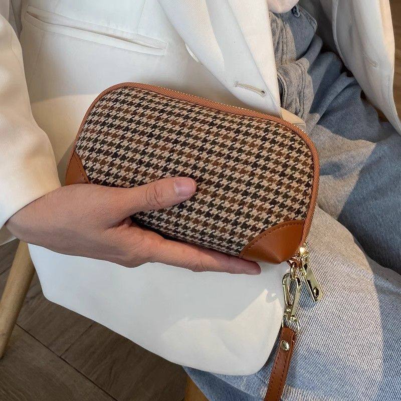 千鸟格手拿包女包气质软牛皮质感钱包手提小包包简约百搭零钱夹包,淘宝优惠券,粉丝福利购,淘宝优惠卷
