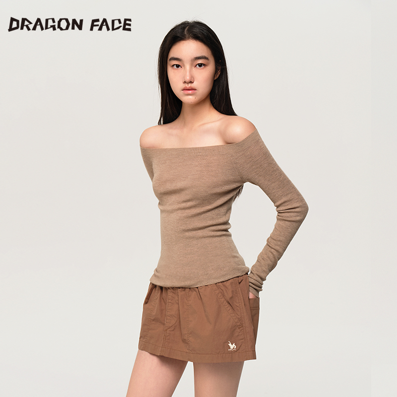 【明星同款】龙脸DRAGONFACE 羊绒斜肩打底长袖针织衫 100%山羊绒 - 图0