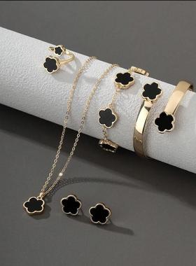 跨境热销幸运花首饰套组压克力手镯手錬五叶草项炼戒指耳针女