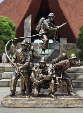 卡通消防员主题人物雕塑玻璃钢定制仿铜广场户外公仔公园大型摆件