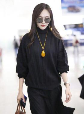 毛线衣项链毛线衣项链鸡油黄蜜蜡水滴吊坠挂件女款二代琥珀玫瑰花