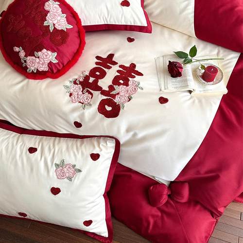 玫瑰花毛巾绣婚庆四件套全棉小清新爱心喜字红色结婚被套床单床笠 - 图2
