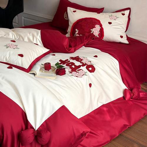 玫瑰花毛巾绣婚庆四件套全棉小清新爱心喜字红色结婚被套床单床笠 - 图1