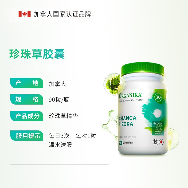 Organika加拿大珍珠草胶囊降利排结碎肾胆尿糖血石素消除保健品