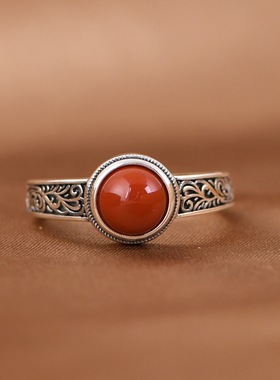 新款复古唐草镶蛋形红色石头戒指