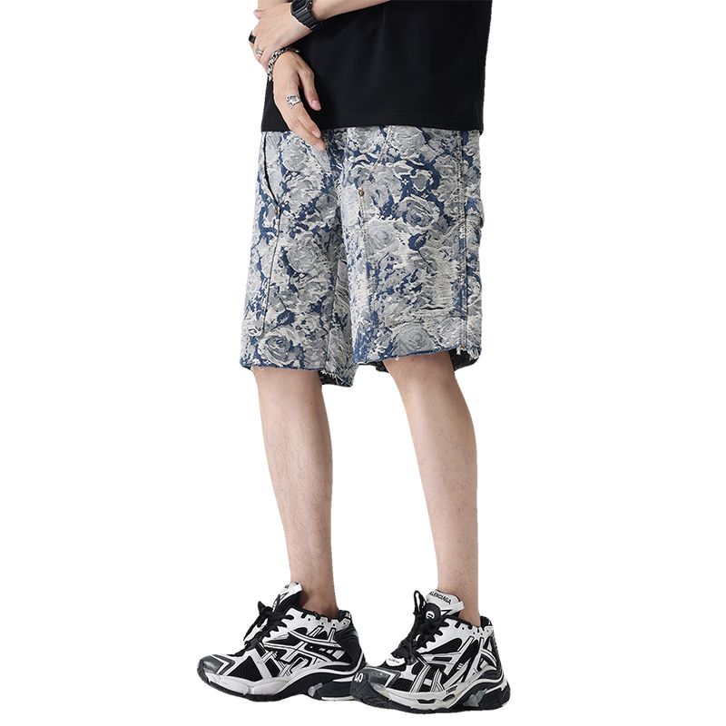 巴黎风潮牌美式复古高街提花牛仔短裤男宽松直筒五分裤中裤子 - 图3