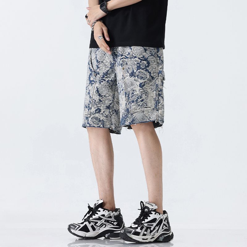 巴黎风潮牌美式复古高街提花牛仔短裤男宽松直筒五分裤中裤子 - 图0