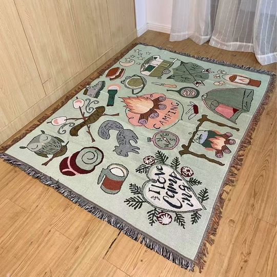 复古美式气氛毯户外露营后备箱摆摊装饰客厅挂毯画框沙发盖巾桌毯