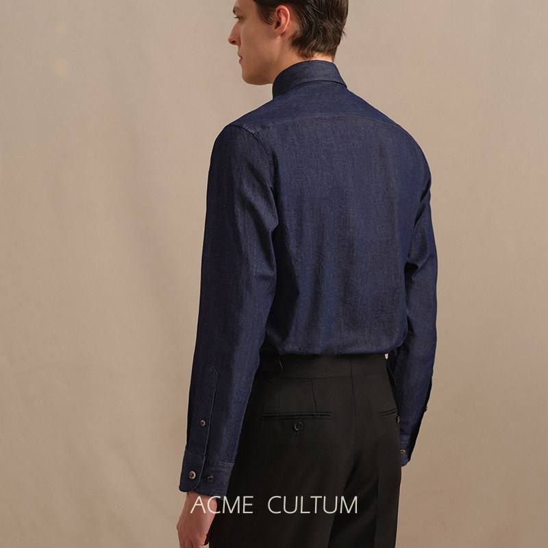 Acme cultum纯棉靛蓝染八字领原色丹宁牛仔衬衫男休闲长袖衬衣,淘宝优惠券,粉丝福利购,淘宝优惠卷