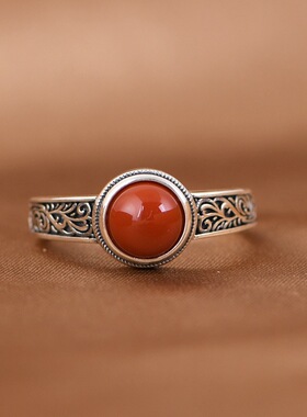 新款复古唐草镶蛋形红色石头戒指
