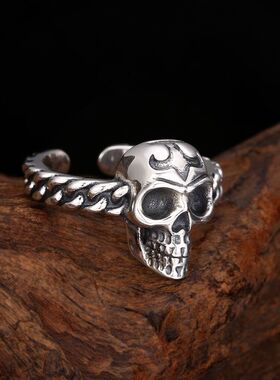 骷髅头戒指复古潮流个性饰品小众男生食指开口可调节指环