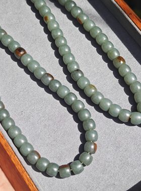 新品新疆和田玉籽料沙枣青蓝调7*8直切老型珠黄沁皮天然原色老熟