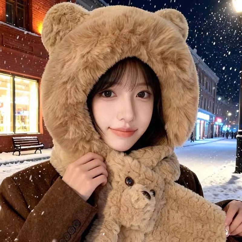 小熊毛绒帽子围巾两件套女2026新款保暖防寒一体连帽围脖居家套装,淘宝优惠券,粉丝福利购,淘宝优惠卷