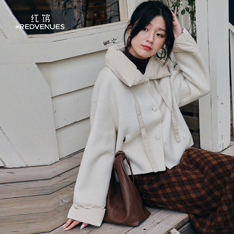 红馆|设计师款绵羊毛双面呢2025冬季新款毛呢外套女白色大衣短款,淘宝优惠券,粉丝福利购,淘宝优惠卷