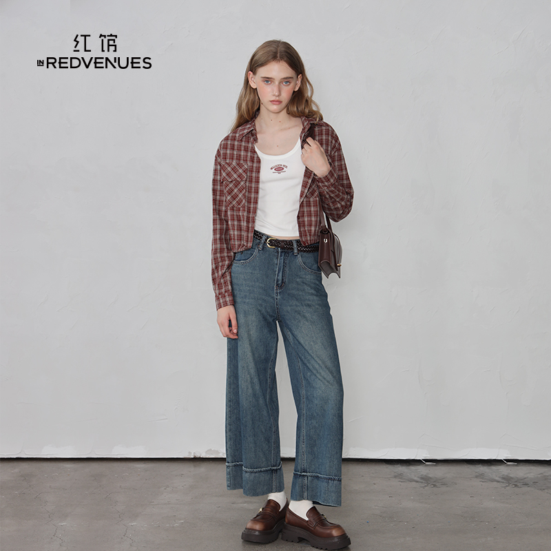 红馆2025早秋款长袖衬衫复古美式bm格子衬衫女红色小上衣外套女 - 图1