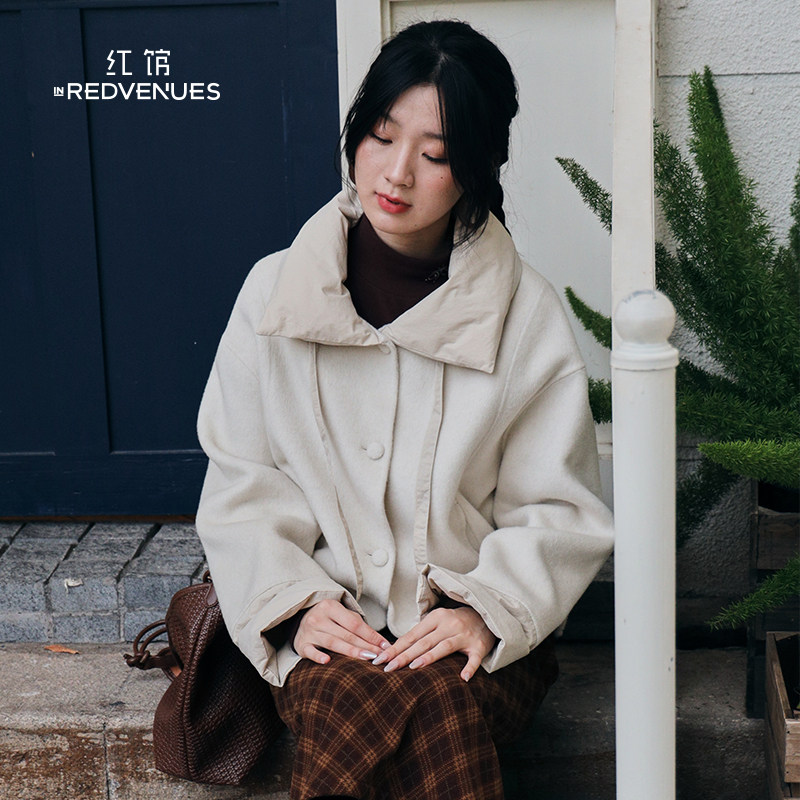 红馆|设计师款绵羊毛双面呢2025冬季新款毛呢外套女白色大衣短款,淘宝优惠券,粉丝福利购,淘宝优惠卷