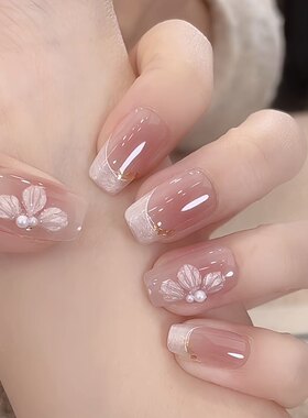【梨花雪】纯手工穿戴甲高级冰透雕花珍珠轻奢白色法式美甲贴片