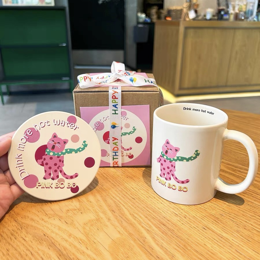 【波猫与浪兔】礼盒装原创设计粉色波点猫陶瓷杯生日礼物咖啡杯子 - 图0