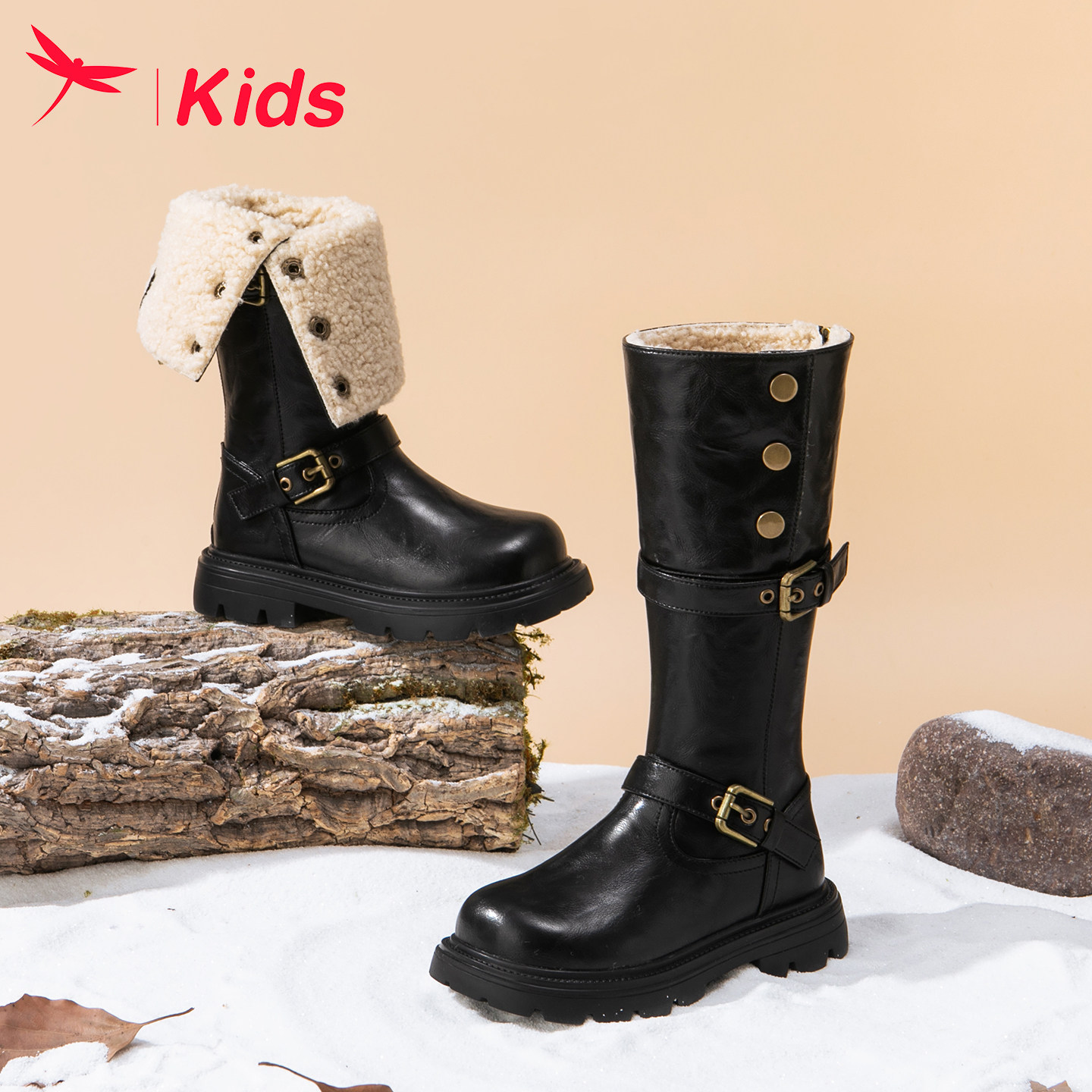 红蜻蜓女童鞋子儿童长筒长靴2026新款冬季公主马丁高筒小皮靴黑色,淘宝优惠券,粉丝福利购,淘宝优惠卷