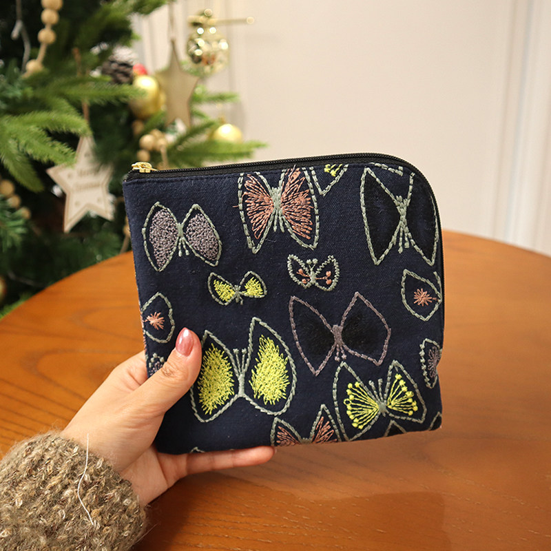 日系刺绣花朵L型拉链棉麻收纳包多功能化妆包零钱包耳机钥匙收纳,淘宝优惠券,粉丝福利购,淘宝优惠卷