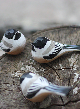 鹿妖商店 肥啾鸟木雕 黑顶山雀 手工天然实木 桌面摆件 北欧风