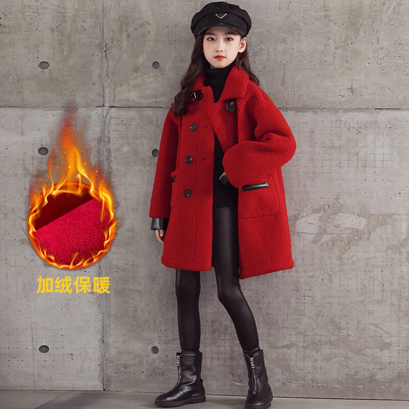2021冬装女童新年圣诞大衣加厚羊羔绒韩版中长款加绒红色毛呢外套