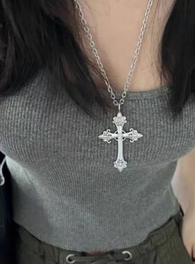 玫瑰花十字架项链个性韩版酷气bm同款银色大十字架雕花项链毛衣链