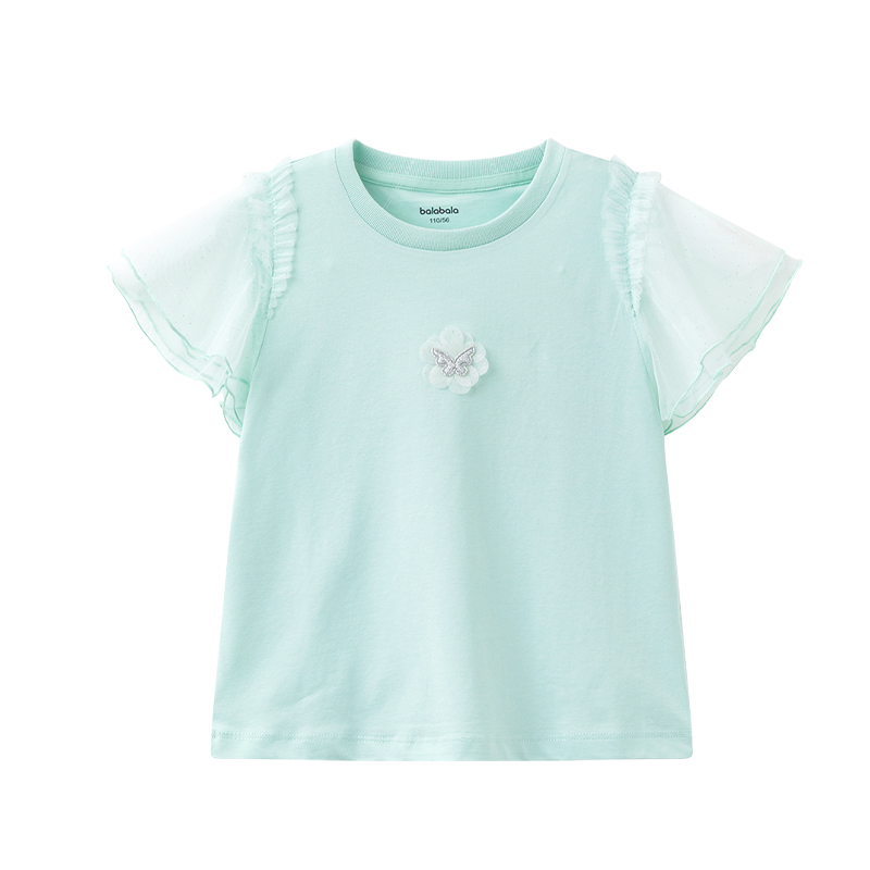 巴拉巴拉女童短袖t恤2024夏装新款女小童蕾丝袖上衣201223117001 - 图1