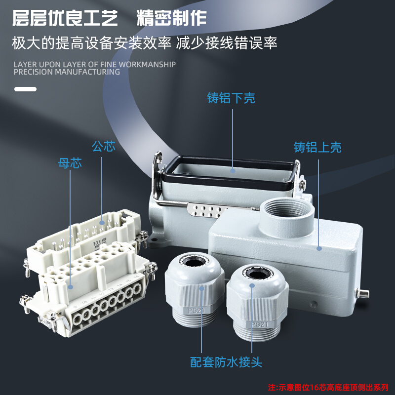 高底矩形连重载接器双扣顶侧出HE6/10/16/24/32/48芯工业防水插头-图1