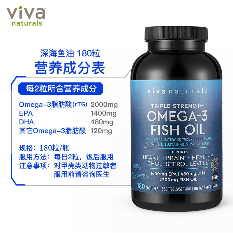 VIVA深海鱼油高纯度DPA深海鱼油rTG天然omega3欧米伽3鱼肝油180粒-图2