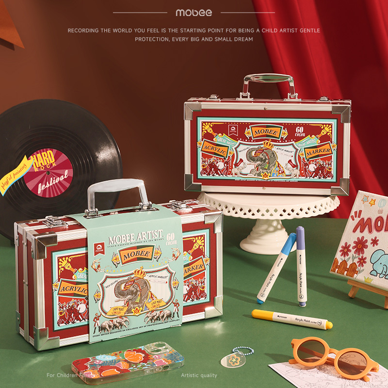 mobee丙烯马克笔小学生专用不透色可叠色水彩软头美术幼儿园画笔防水性新年节日礼物趣味绘画本儿童60色套装