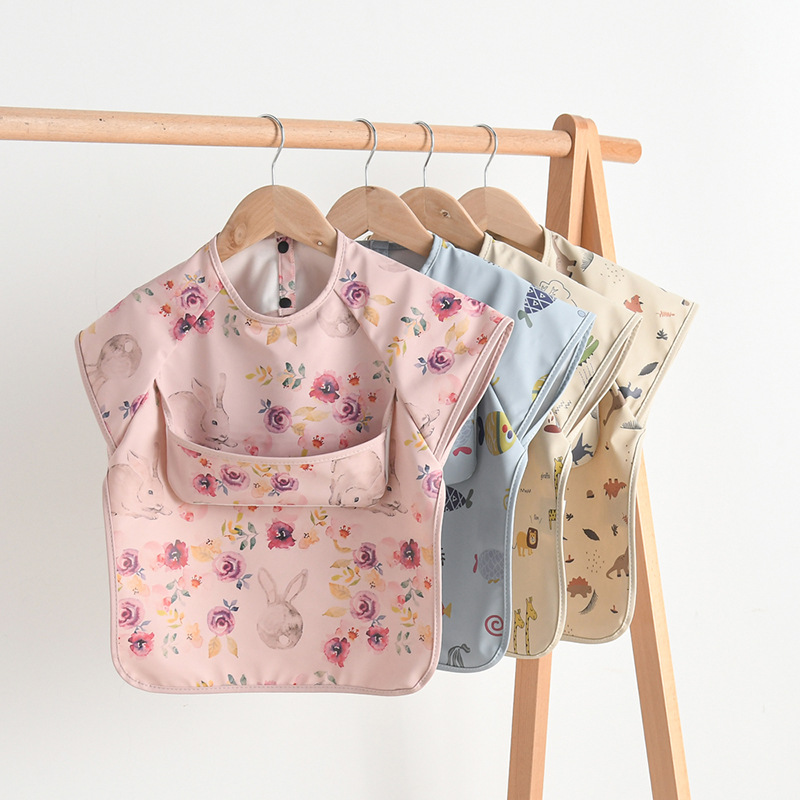 Korean style children's smock baby sleeveless bib pu reverse dressing baby waterproof rice pocket eating anti-dirty food supplement bib