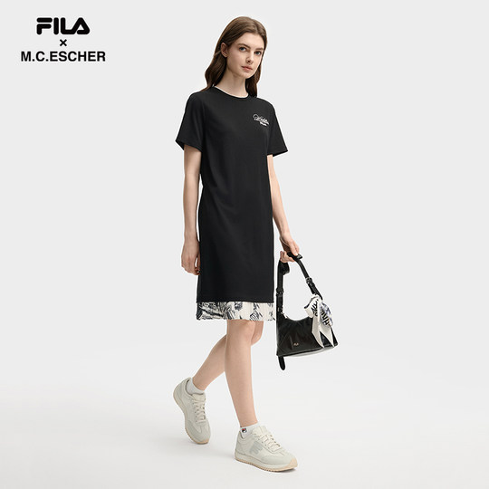 FILA official women's knitted dress 2025 autumn new fashionable casual comfortable splicing T-shirt skirt