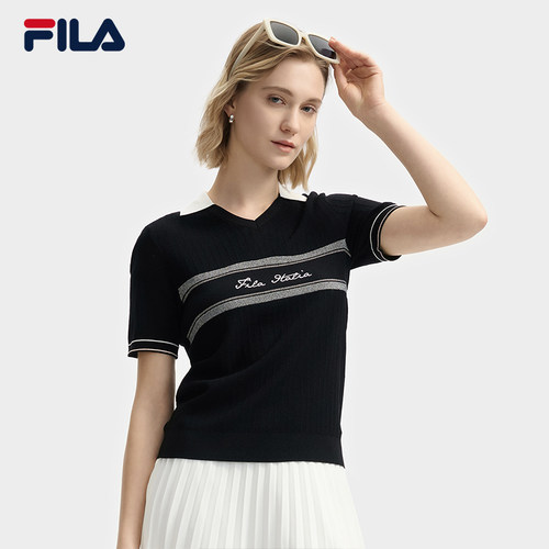 FILA 斐乐官方女子编织衫2025夏新款时尚简约休闲基础V领短袖上衣 - 图1