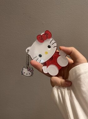 ins博主同款可爱细闪蝴蝶结猫咪便携补妆镜钥匙扣手机链包包挂件