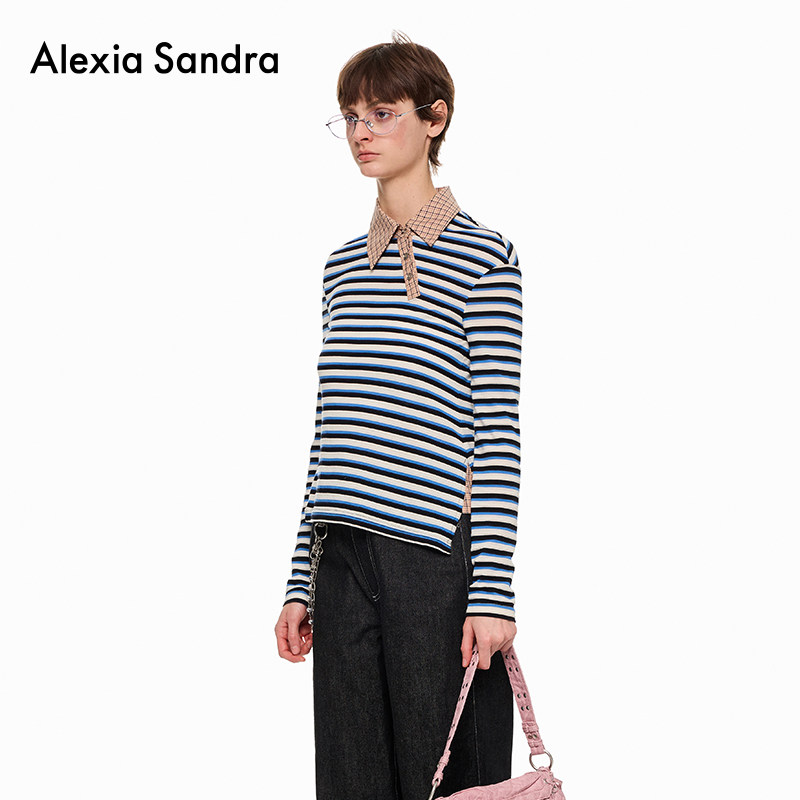 侯佩岑同款-Alexia Sandra春夏新款条纹解构撞格领修身休闲长袖