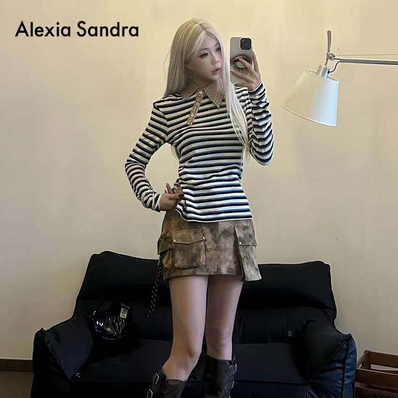 侯佩岑同款-Alexia Sandra春夏新款条纹解构撞格领修身休闲长袖