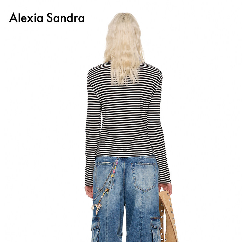 侯佩岑同款-Alexia Sandra春夏新款条纹解构撞格领修身休闲长袖