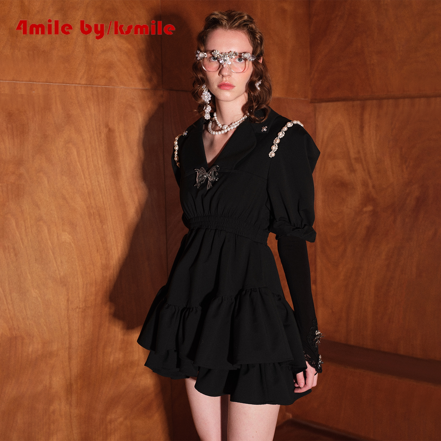 【双12抢先购】4MILE BY KSMILE 黑色肩链v领高腰显瘦复古连衣裙