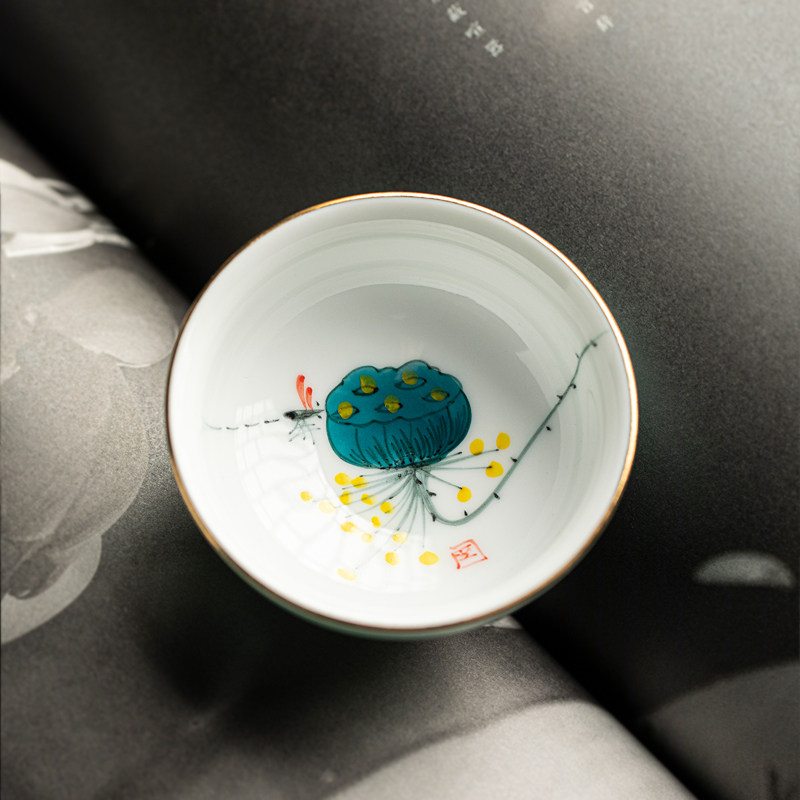 色釉手绘描金普洱杯功夫茶具釉下彩荷花品茗杯陶瓷家用茶室小茶杯,淘宝优惠券,粉丝福利购,淘宝优惠卷