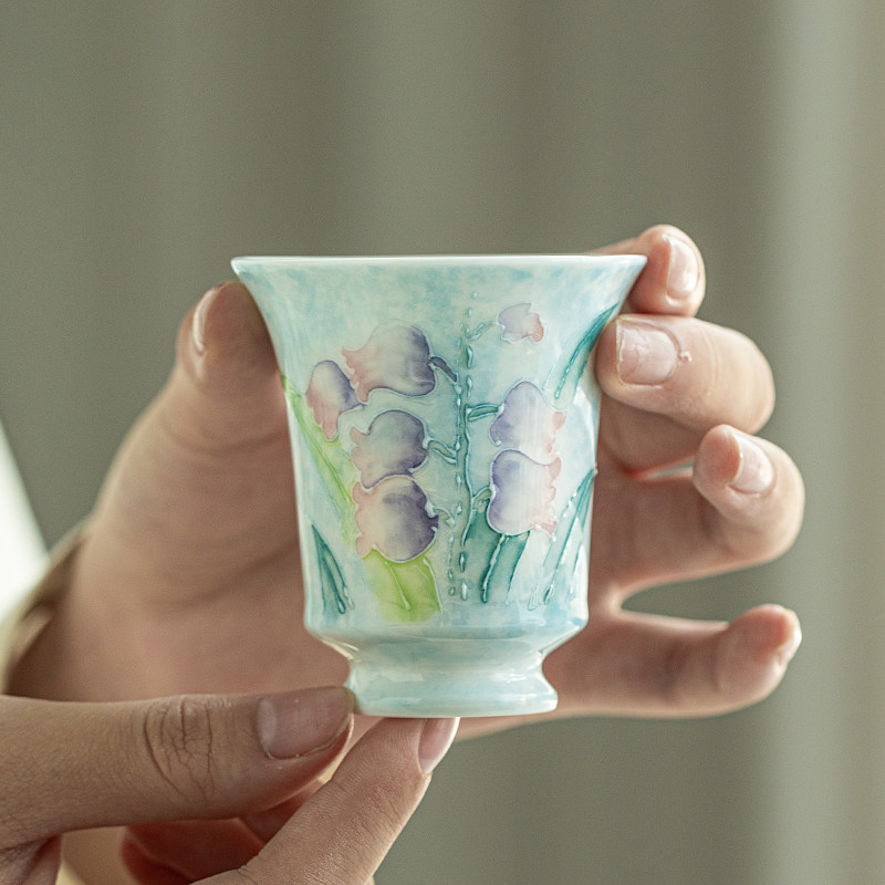有田烧手绘高脚闻香杯 釉下彩铃兰花荷花桃花彩蝶主人杯陶瓷茶杯,淘宝优惠券,粉丝福利购,淘宝优惠卷