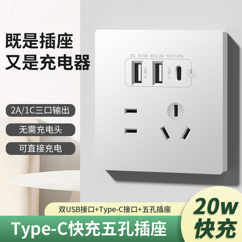 国际电工86型手机充电开关面板20WUSB快充Type-c面板工地36v转5v - 图0