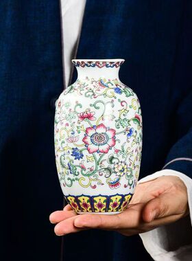 乾隆年间花瓶手绘珐琅彩古玩瓷器收藏仿古花插家居摆件