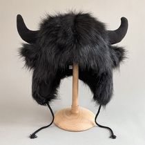 Large black horn fur Mao Lei Fengs hood male and female winter warm protection ears windproof and cold-proof northeast bike bull head hat