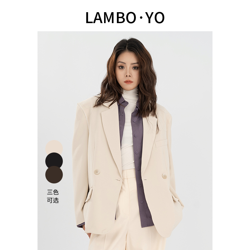 LAMBOYO2025年秋季新款宽松阔形西装须边拼接通勤时尚西装外套女 - 图2
