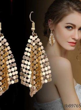 2026百韩国耳环新款时尚个性气质金色闪亮耳饰长款耳坠流苏女潮