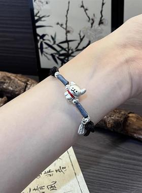 ESEELMI 足银999线条小狗情侣款手链本命年红色手绳女情人节礼物