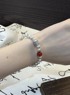 ESEELMI 纯银猫眼红玛瑙手链女款手工手饰简约百搭生日礼物
